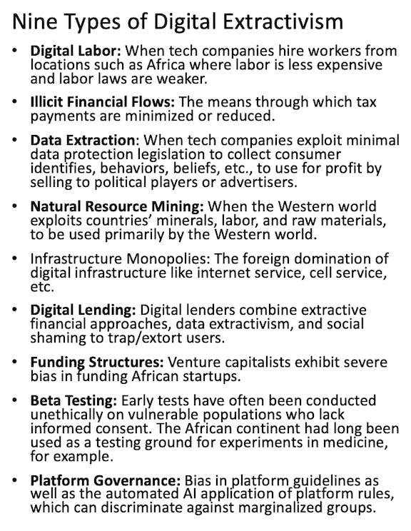 Nine Types of Digital Extractivism Digital Labor: When tech companies hire workers from locations such as Africa where labor is less expensive and labor laws are weaker. Illicit Financial Flows: The means through which tax payments are minimized or reduced. Data Extraction: When tech companies exploit minimal data protection legislation to collect consumer identifies, behaviors, beliefs, etc., to use for profit by selling to political players or advertisers.  Natural Resource Mining: When the Western world exploits countries’ minerals, labor, and raw materials, to be used primarily by the Western world. Infrastructure Monopolies: The foreign domination of digital infrastructure like internet service, cell service, etc.  Digital Lending: Digital lenders combine extractive financial approaches, data extractivism, and social shaming to trap/extort users. Funding Structures: Venture capitalists exhibit severe bias in funding African startups. Beta Testing: Early tests have often been conducted unethically on vulnerable populations who lack informed consent. The African continent had long been used as a testing ground for experiments in medicine, for example. Platform Governance: Bias in platform guidelines as well as the automated AI application of platform rules, which can discriminate against marginalized groups. 