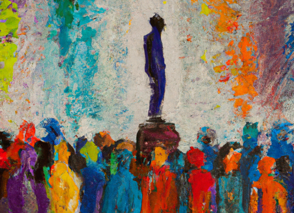 An expressive oil painting of a person standing on a pedestal atop a crowd of other rainbow-colored people