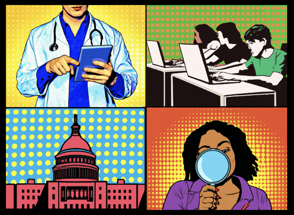 pop art illustrations featuring a doctor, students, a scholar, and capitol hill