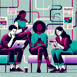 illustration of people reading computers, phones, and print