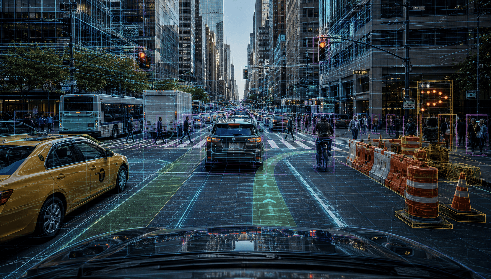 Busy downtown rush-hour driving scene from the perspective of a self-driving car