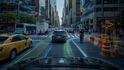 Busy downtown rush-hour driving scene from the perspective of a self-driving car