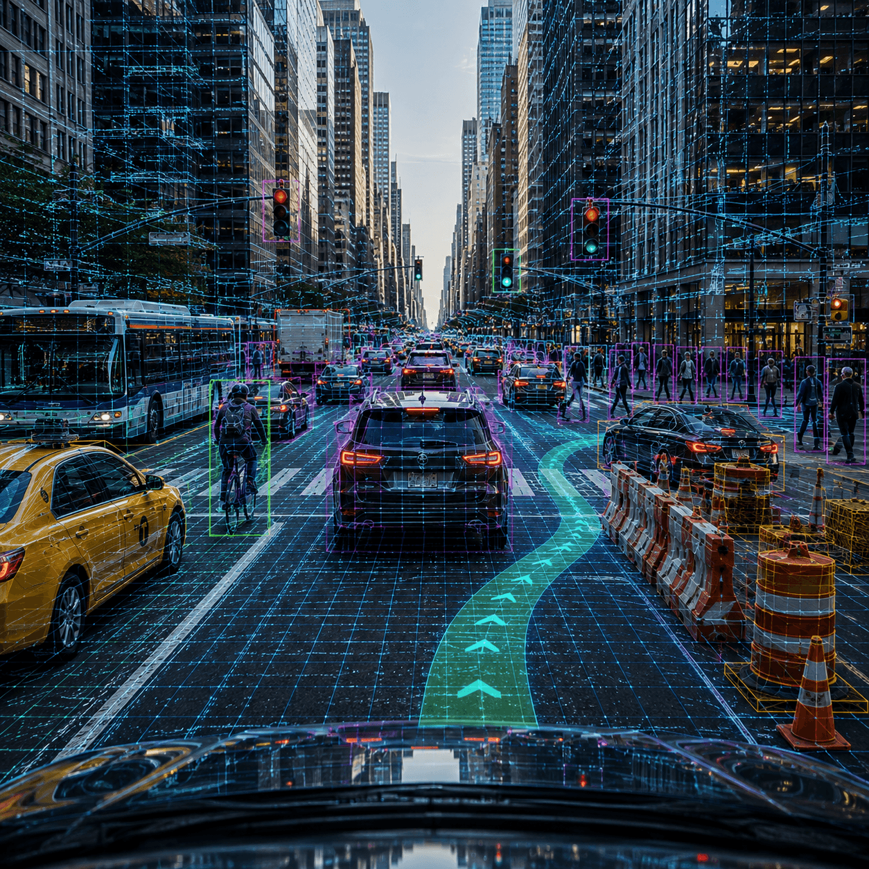 Busy downtown rush-hour driving scene from the perspective of a self-driving car