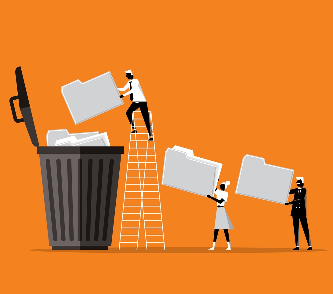 Illustration of people trying to delete document files in the trash