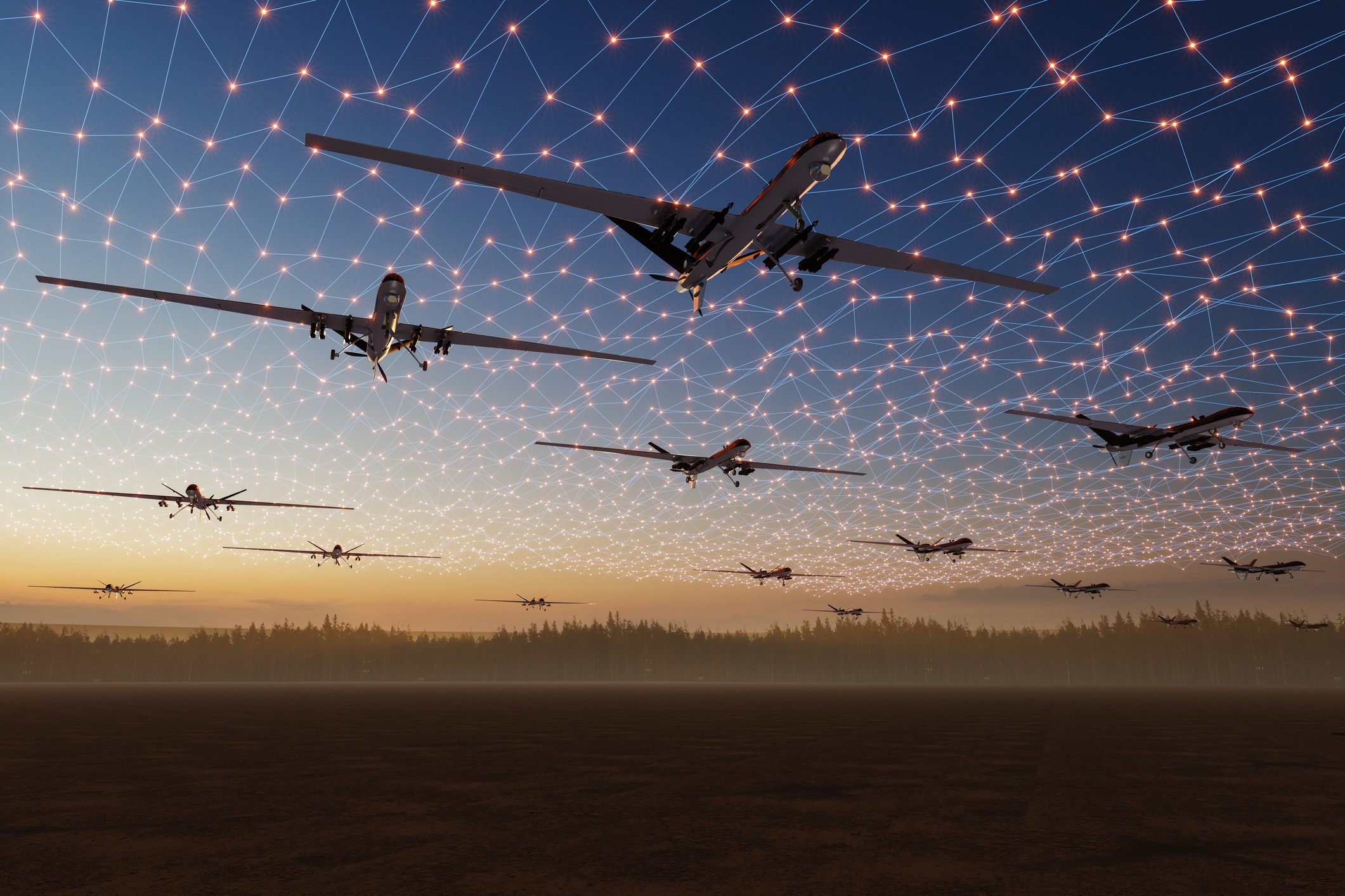 image of drones connected by digital net