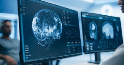 Medical Brain Scans on Multiple Computer Screens. Advanced Neuroimaging Technology Reveals Complex Neural Pathways, Display Showing CT Scan in a Modern Medical Environment