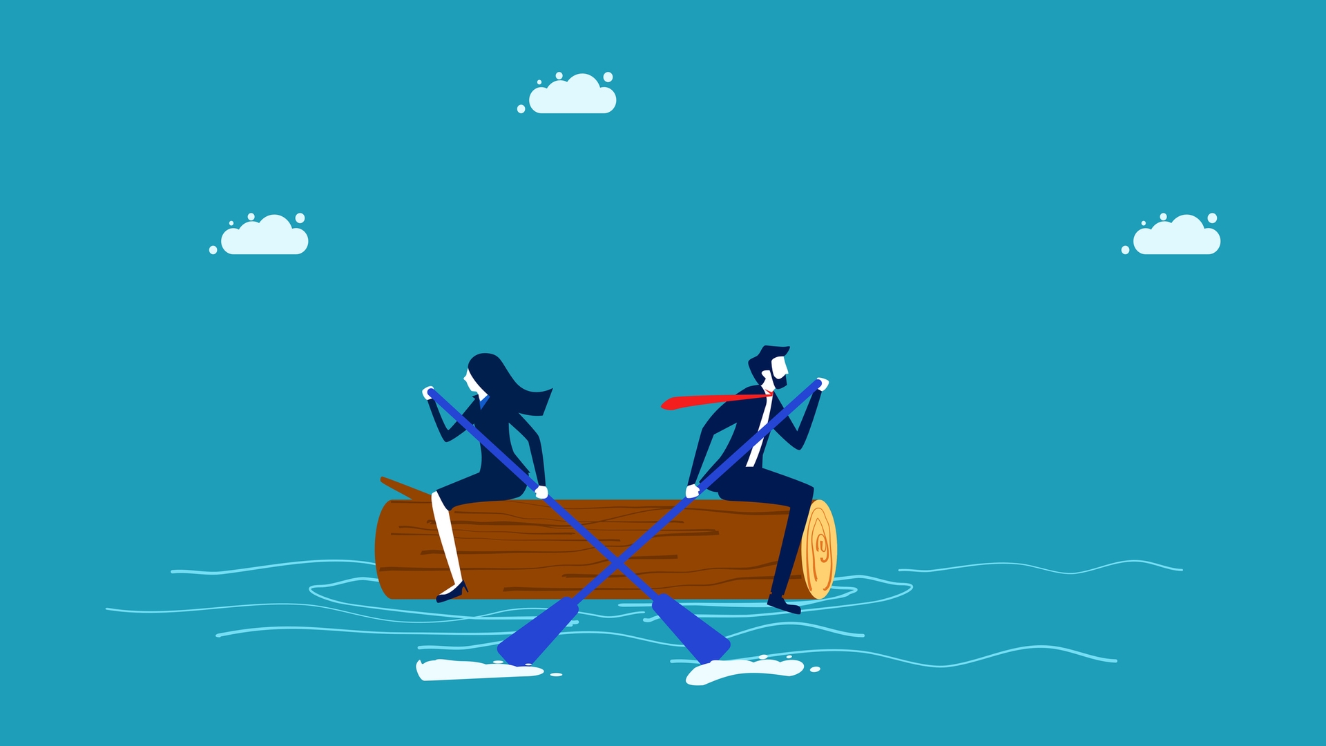 illustration of two people paddling in opposite directions