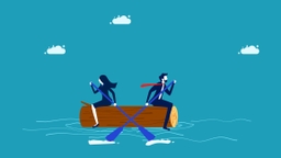 illustration of two people paddling in opposite directions