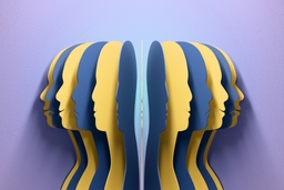 3D illustration of mirrored human profiles in blue and yellow layers