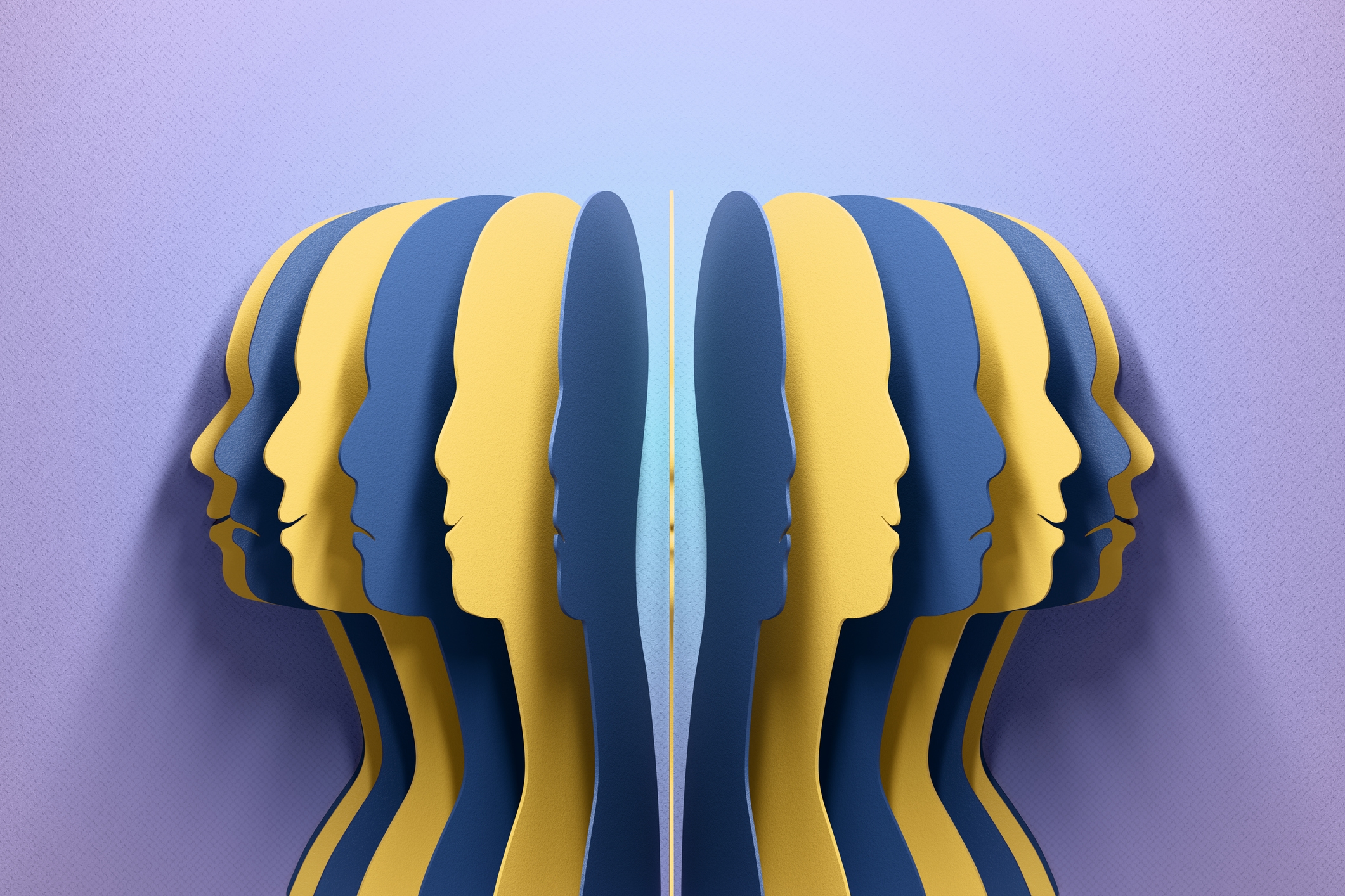 3D illustration of mirrored human profiles in blue and yellow layers