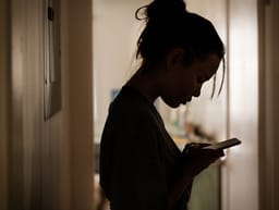 A woman looks at her phone in shadow, evoking feelings of loneliness