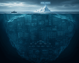 iceberg showing model weights at the tip and a lot of unknown and deep technology under the surface of the water