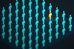 A 3D isometric conceptual illustration showing a single glowing yellow human icon standing out among a grid of identical blue figures