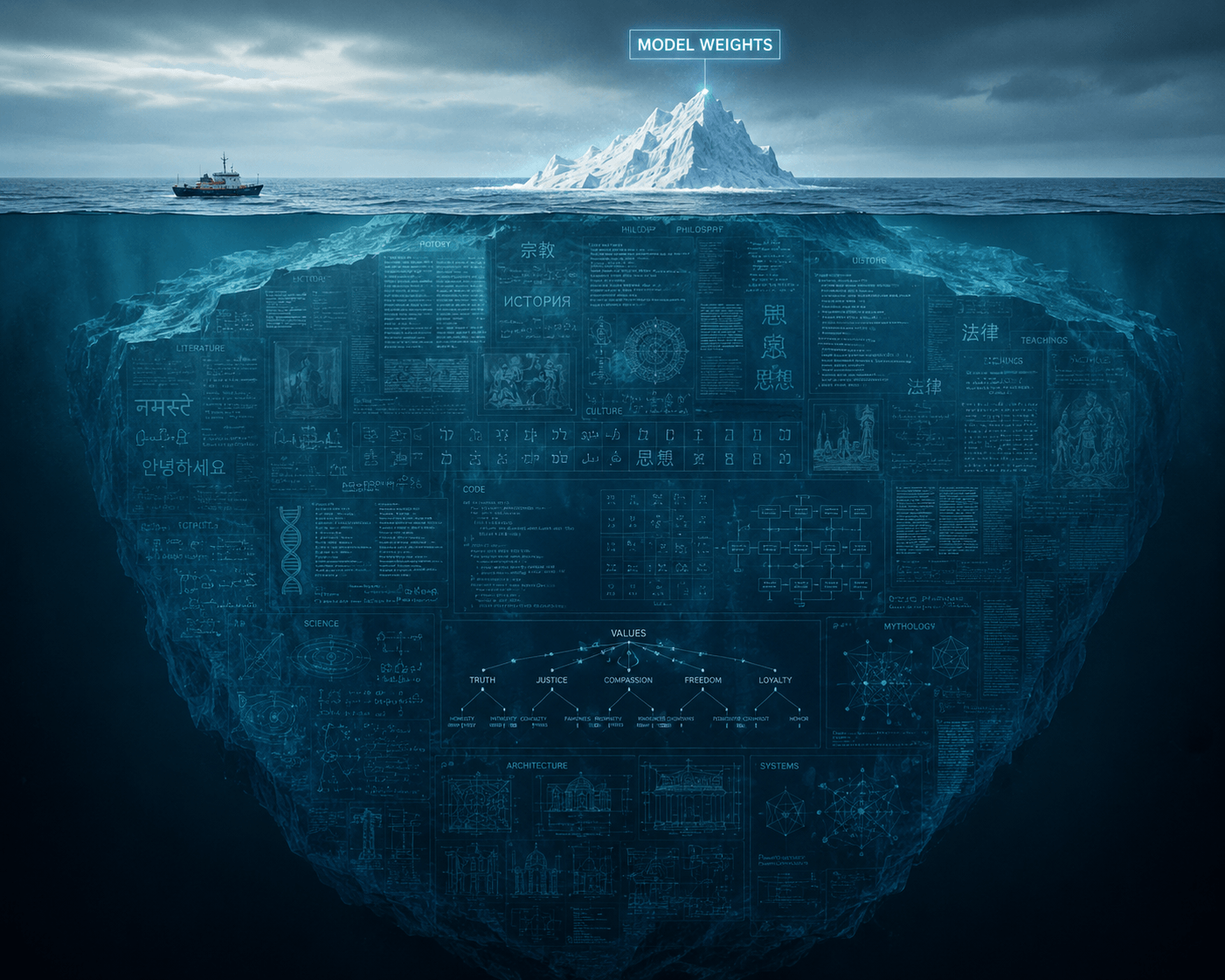 iceberg showing model weights at the tip and a lot of unknown and deep technology under the surface of the water