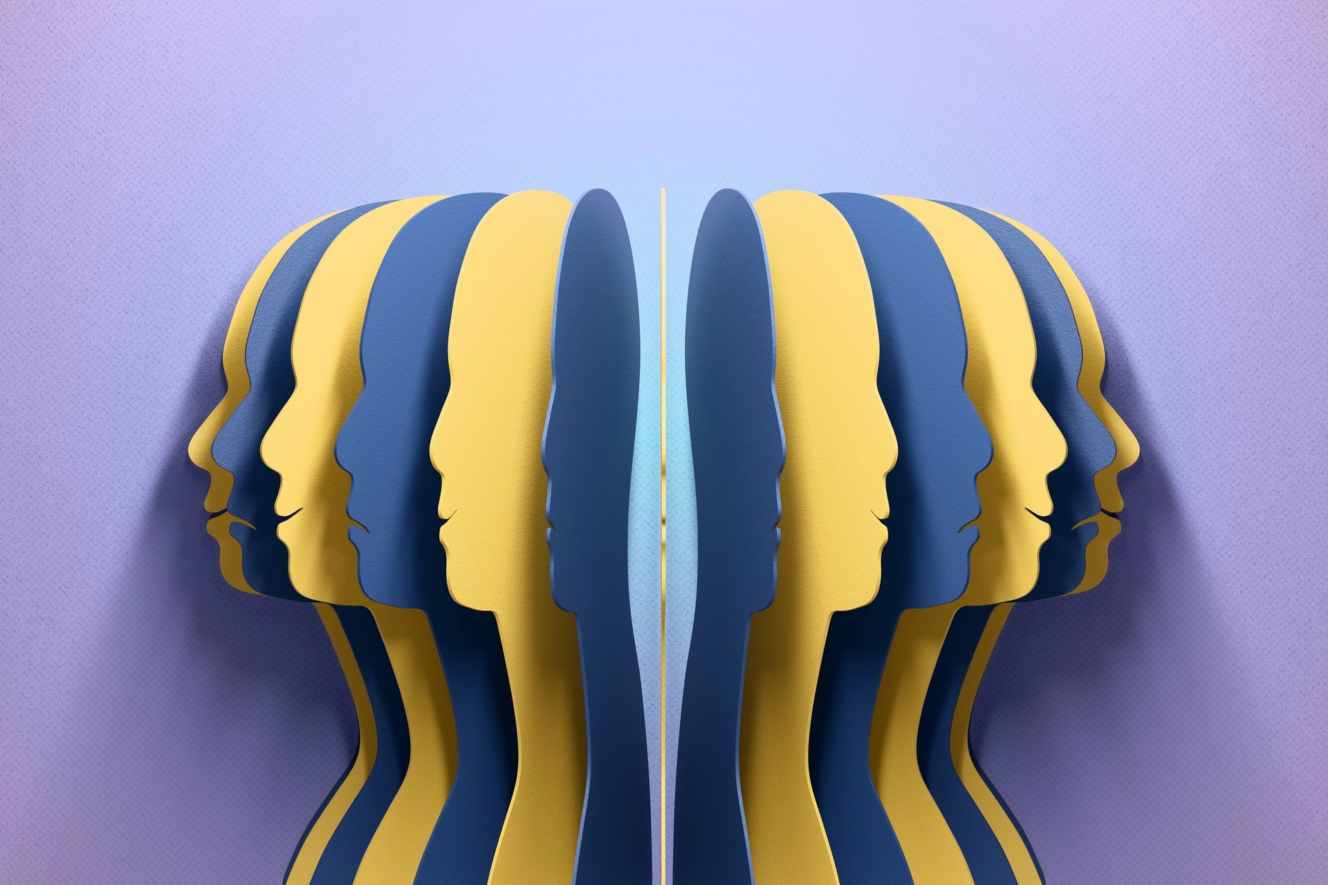 3D illustration of mirrored human profiles in blue and yellow layers