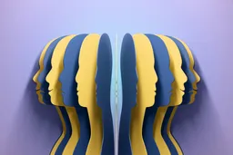 3D illustration of mirrored human profiles in blue and yellow layers