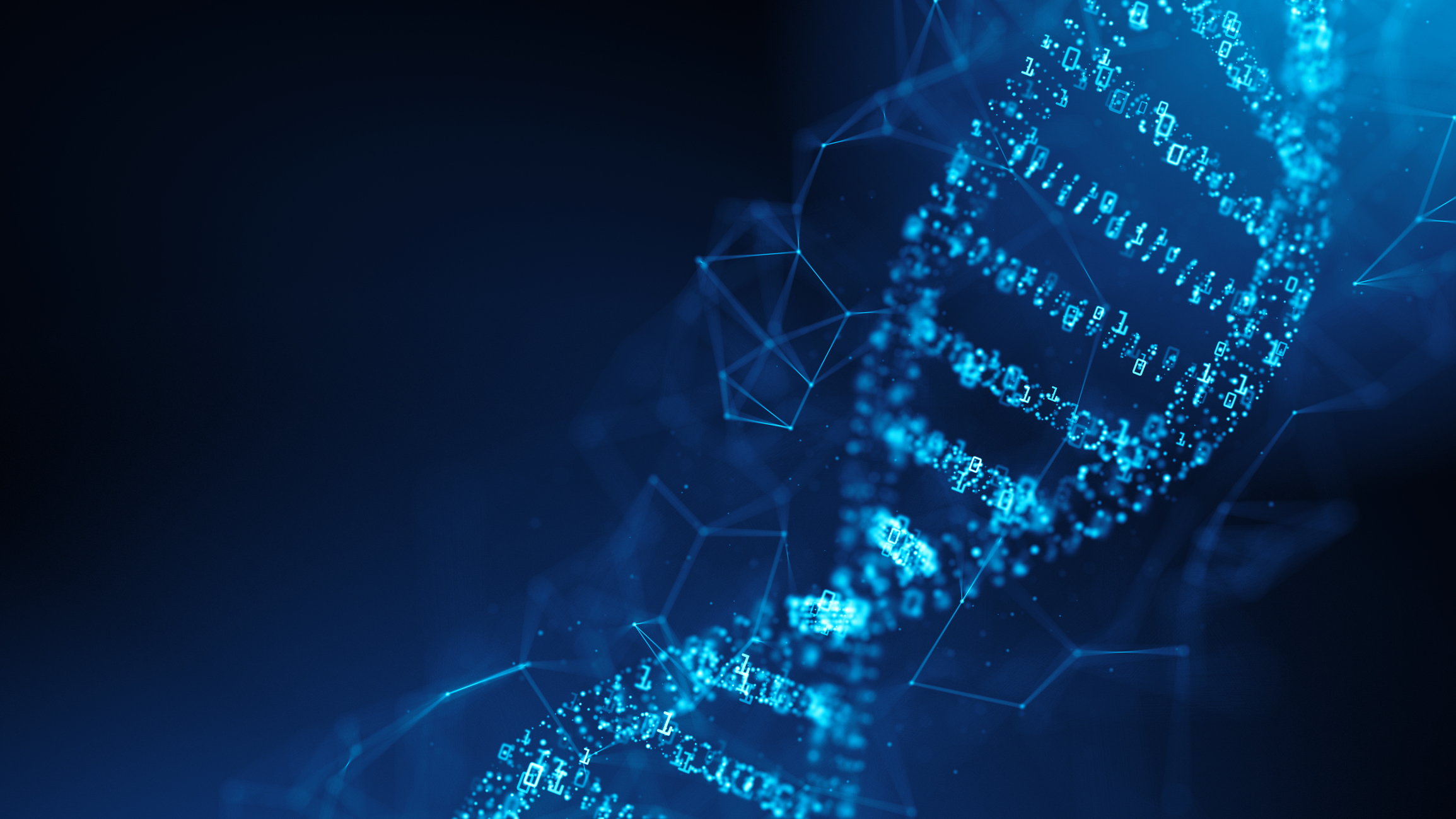 Stilize edilmiş mavi bir DNA heliksi, parlayan dijital bağlantılar ve geometrik şekillerle üst üste bindirilerek futuristik bir soyut tasarım oluşturuyor.