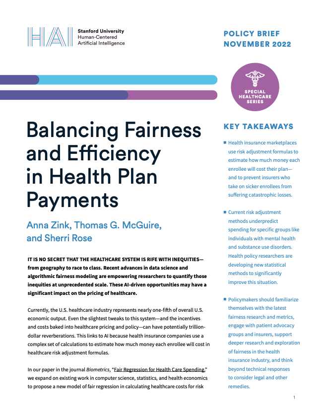 Balancing Fairness and Efficiency in Health Plan Payments | Stanford HAI