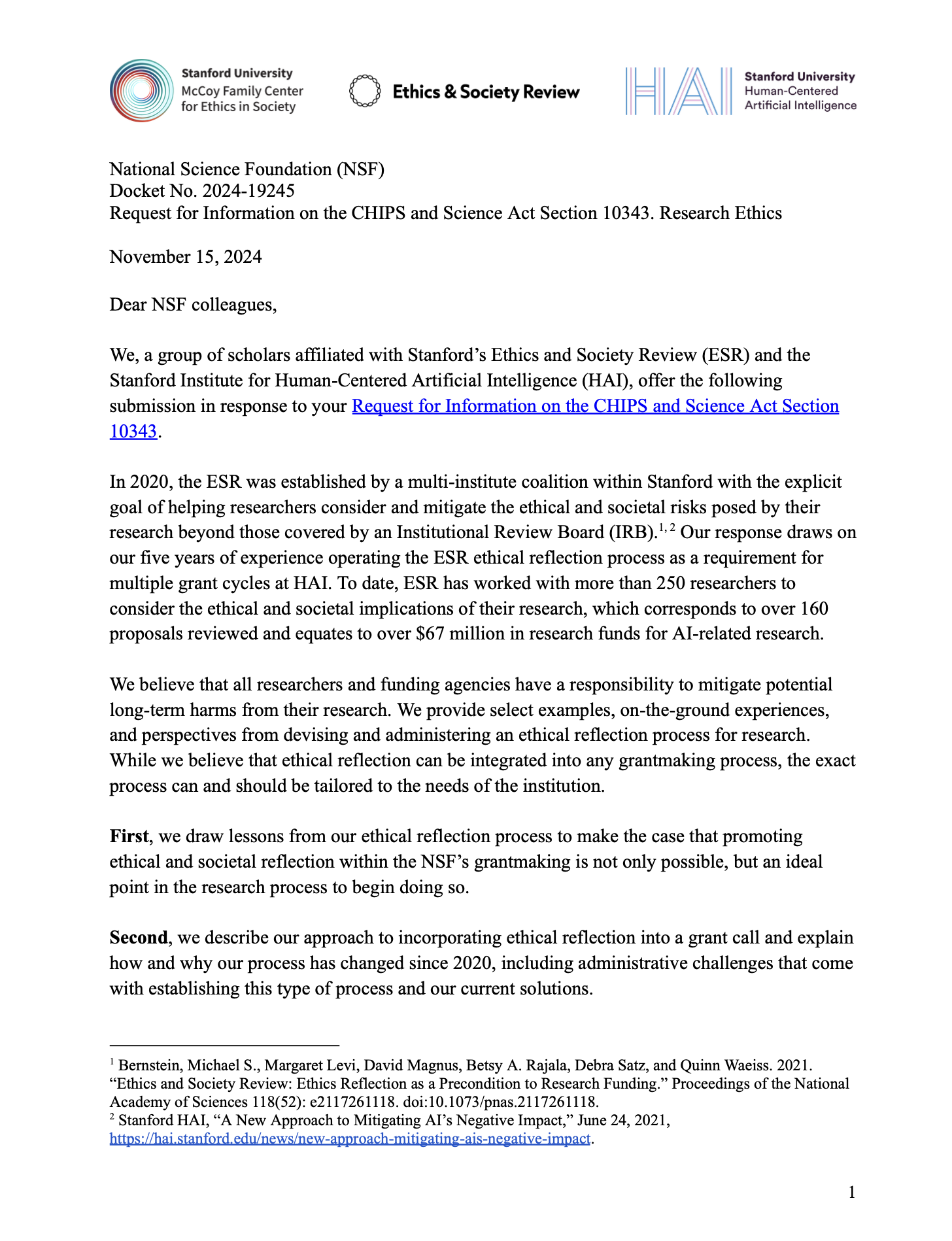 Response to NSF's Request for Information on Research Ethics | Stanford HAI