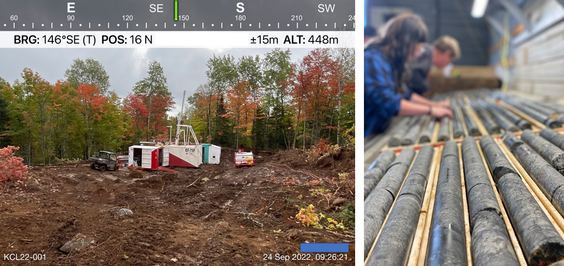 On left, a photograph of a mineral exploration drill hole, and on the right, a photo of geologists inspecting drill hole cores