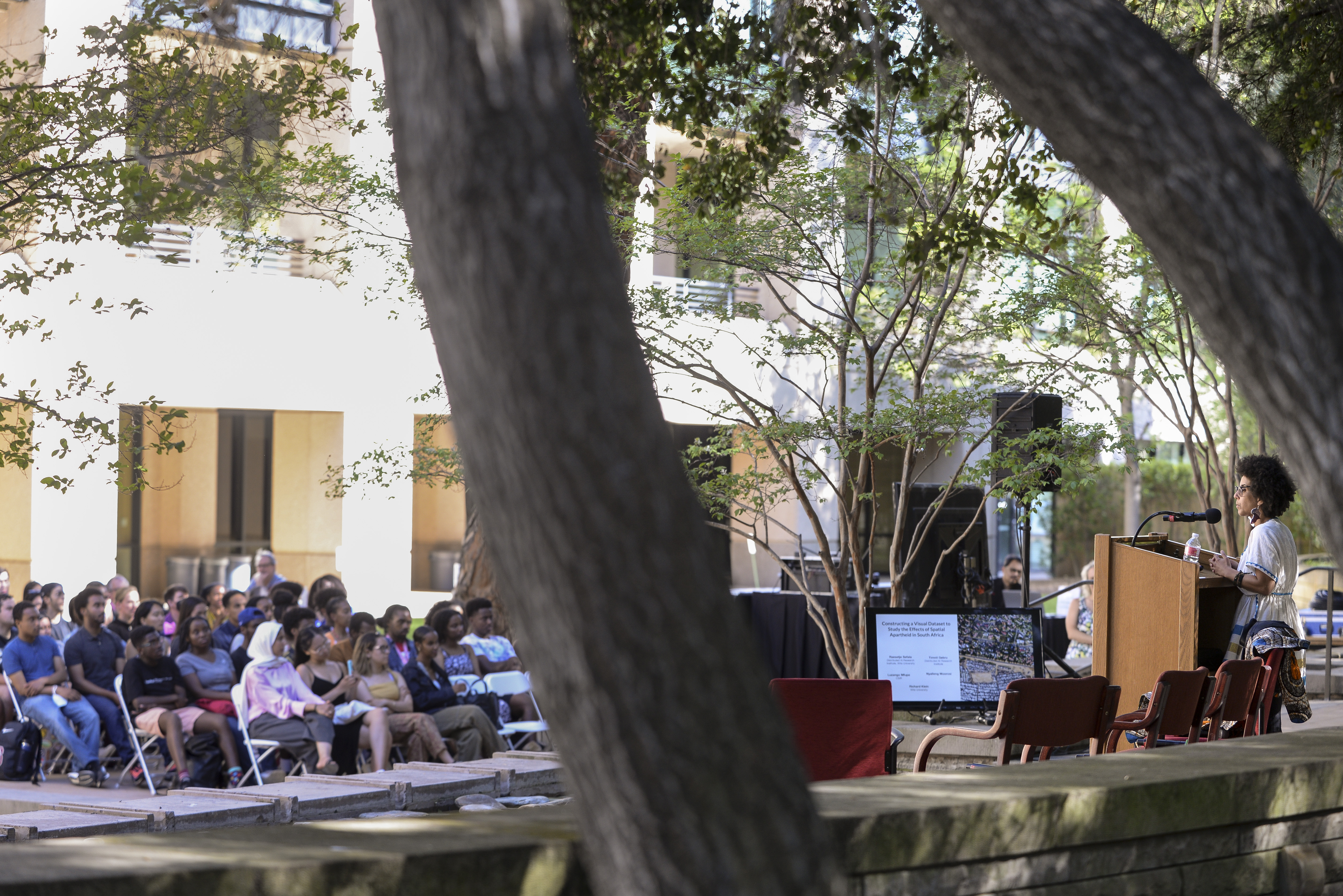 Timnit Gebru spoke before an audience at the Stanford Center for African Studies.