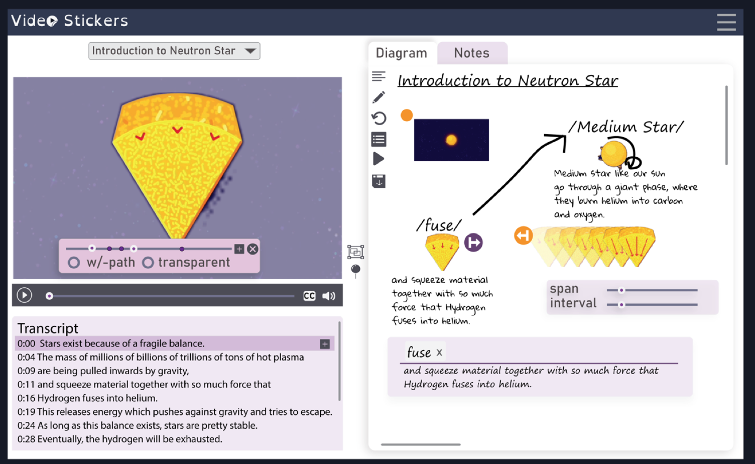 Screenshot of the videosticker platform, showing the notetaking capability of the program