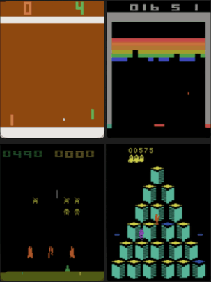 An agent plays Atari games including Pong and Space Invaders