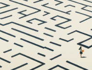 an illustration of a woman reading a map in a labyrinth 