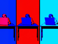 pop art of person reading on a computer in a spectrum of red and blue