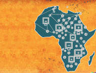Illustration of a map of Africa with digital technologies overlaid