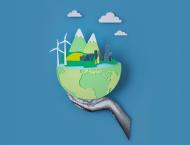 Illustration of the world with images of buildings, mountains, and wind turbines.