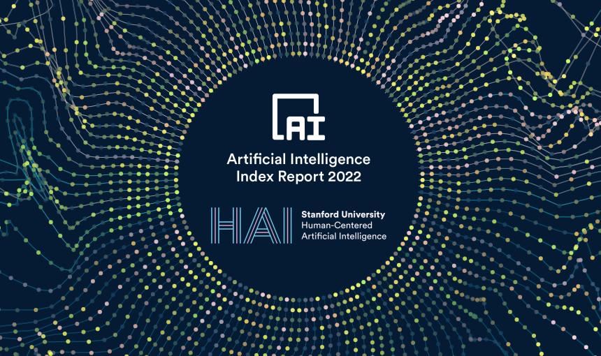 illustration of bright points of light on a dark background with the words "HAI 2022 AI Index"