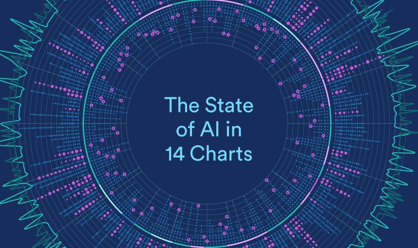 Illustration of dots and lines with the text "State of AI in 14 charts"
