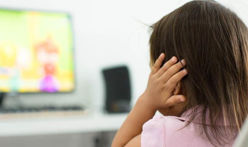 A young girl watches a computer screen