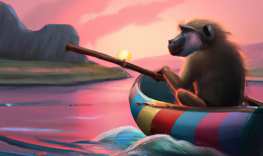 digital art of a cute baboon sailing a colorful dinghy at sunset