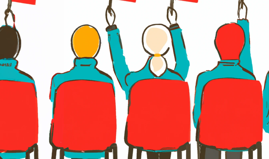 Illustration of the backs of four people in chairs with three of the people raising small red flags