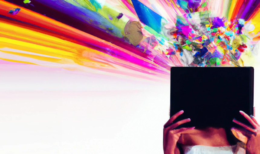 Illustration of a woman, face hidden behind a tablet, and colorful ideas twirling like rainbows around her head