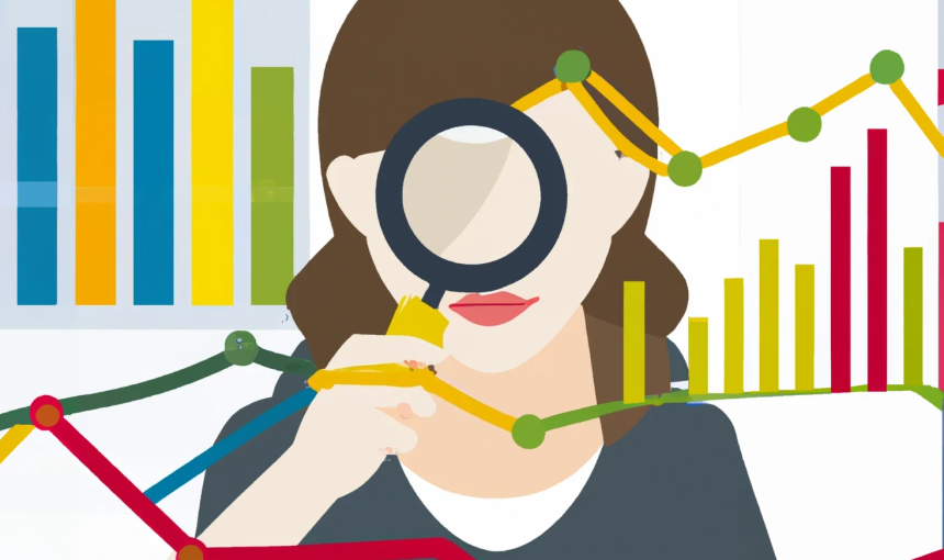 Illustration of a woman looking through a magnifying glass at charts and graphs showing accuracy levels