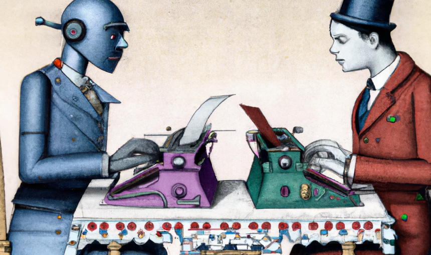 illustration of a victorian era human and a robot typing at typewriters across a table from each other