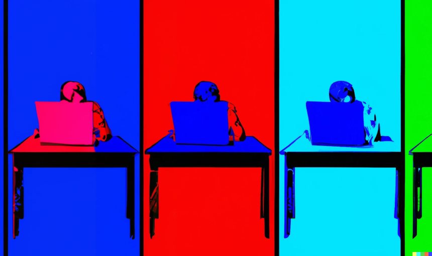 pop art of person reading on a computer in a spectrum of red and blue