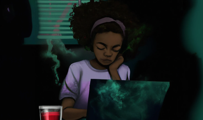 digital art of a woman at a computer that is leaking toxic fumes