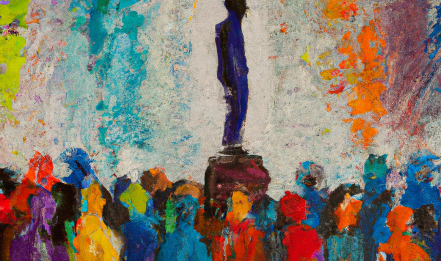 An expressive oil painting of a person standing on a pedestal atop a crowd of other rainbow-colored people