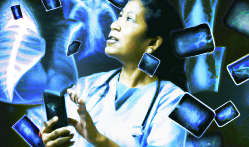 DALLE- digital art of doctor looking at her phone while medical xrays float around