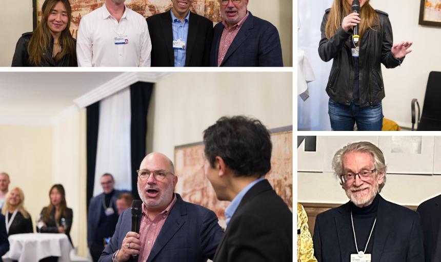 Yejin Choi, Erik Brynjolfsson, Andrew Ng, and James Landay at the Stanford HAI Davos reception, and Alex (Sandy) Pentland