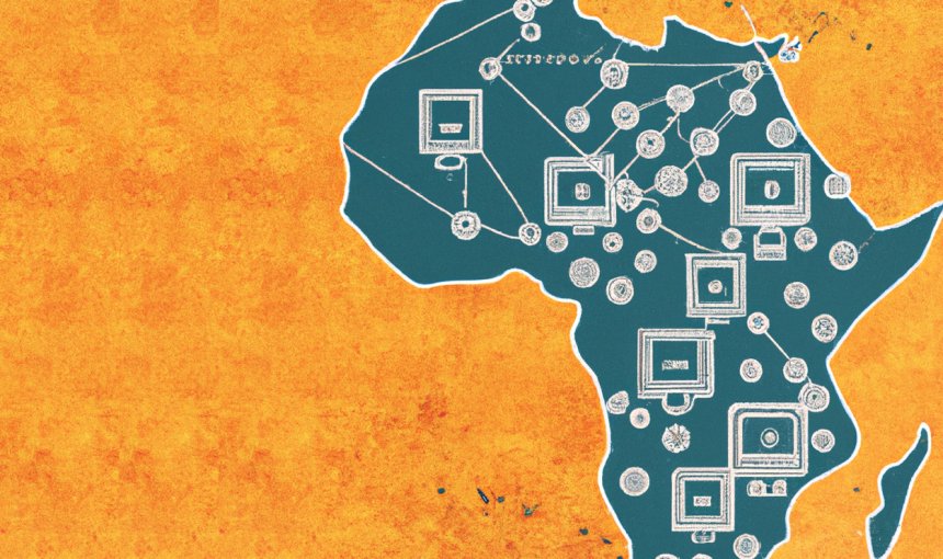Illustration of a map of Africa with digital technologies overlaid
