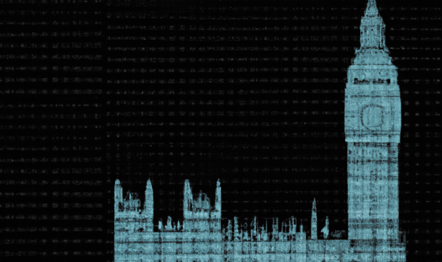 Illustration of Big Ben and British Parliament in computer code
