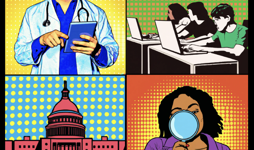 pop art illustrations featuring a doctor, students, a scholar, and capitol hill
