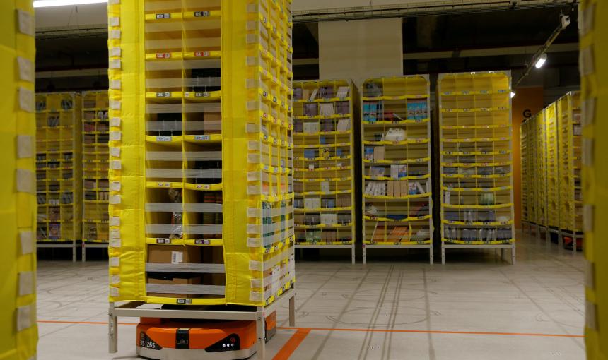 A robot is seen at the Amazon fulfilment center in Bretigny-sur-Orge near Paris, France.
