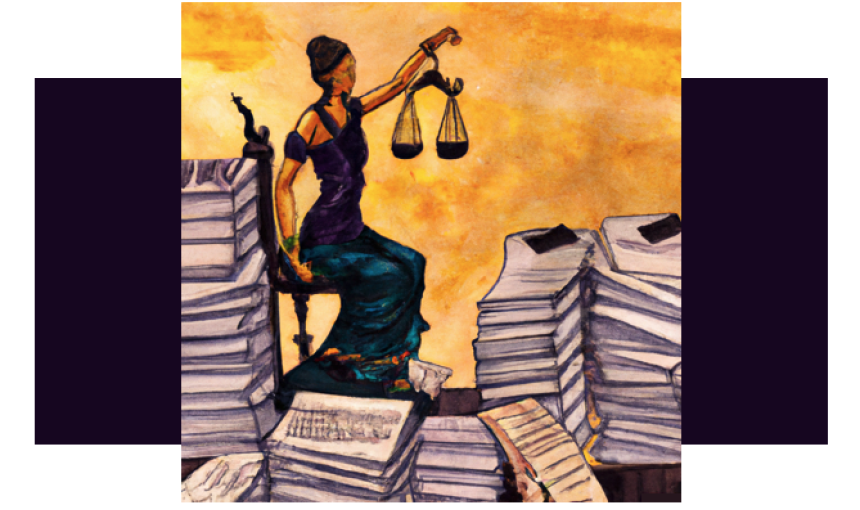 Illustration of lady justice holding scales while sitting on a pile of legal documents