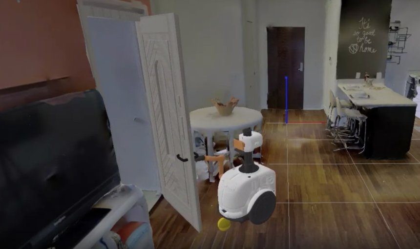 A robot interacts in a virtual environment